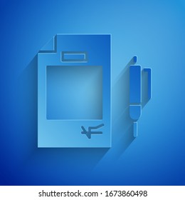Paper cut Contract money and pen icon isolated on blue background. Banking document dollar file finance money page. Paper art style. Vector Illustration