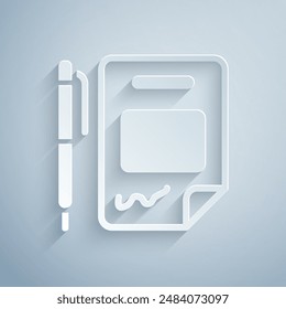 Paper cut Contract money and pen icon isolated on grey background. Banking document dollar file finance money page. Paper art style. Vector