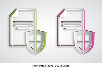 Corte de papel Contrato con el icono de escudo aislado en el fondo gris. Concepto de seguro. Seguridad, seguridad, protección, concepto de protección. Estilo de arte de papel. Vector
