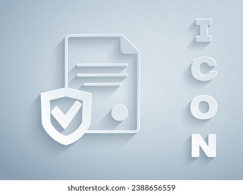 Paper cut Contract with shield icon isolated on grey background. Insurance concept. Security, safety, protection, protect concept. Paper art style. Vector