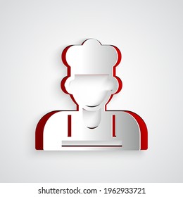 Paper cut Cook icon isolated on grey background. Chef symbol. Paper art style. Vector