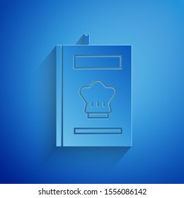 Paper cut Cookbook icon isolated on blue background. Cooking book icon. Recipe book. Fork and knife icons. Cutlery symbol. Paper art style. Vector Illustration