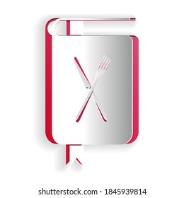 Paper cut Cookbook icon isolated on white background. Cooking book icon. Recipe book. Fork and knife icons. Cutlery symbol. Restaurant symbol. Paper art style. Vector.