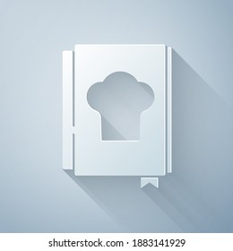 Paper cut Cookbook icon isolated on grey background. Cooking book icon. Recipe book. Fork and knife icons. Cutlery symbol. Paper art style. Vector