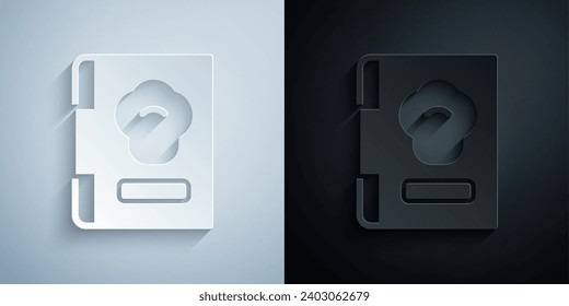 Paper cut Cookbook icon isolated on grey and black background. Cooking book icon. Recipe book. Fork and knife icons. Cutlery symbol. Paper art style. Vector