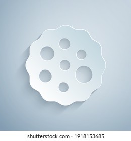 Paper cut Cookie or biscuit with chocolate icon isolated on grey background. Paper art style. Vector.