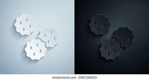 Paper cut Cookie or biscuit with chocolate icon isolated on grey and black background. Paper art style. Vector