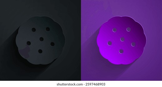 Paper cut Cookie or biscuit with chocolate icon isolated on black on purple background. Paper art style. Vector