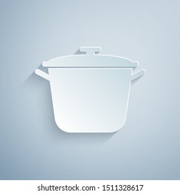 Paper cut Cooking pot icon isolated on grey background. Boil or stew food symbol. Paper art style. Vector Illustration