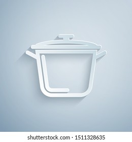 Paper cut Cooking pot icon isolated on grey background. Boil or stew food symbol. Paper art style. Vector Illustration