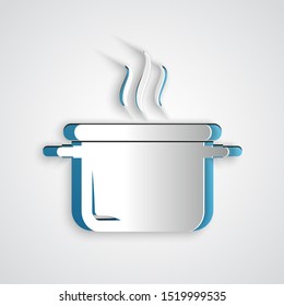 Paper cut Cooking pot icon isolated on grey background. Boil or stew food symbol. Paper art style. Vector Illustration