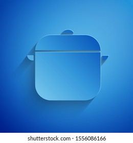 Paper cut Cooking pot icon isolated on blue background. Boil or stew food symbol. Paper art style. Vector Illustration