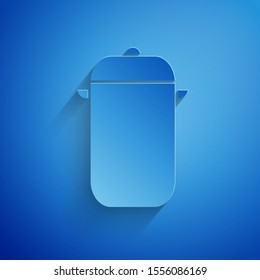 Paper cut Cooking pot icon isolated on blue background. Boil or stew food symbol. Paper art style. Vector Illustration