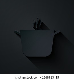 Paper cut Cooking pot icon isolated on black background. Boil or stew food symbol. Paper art style. Vector Illustration