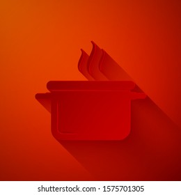 Paper cut Cooking pot icon isolated on red background. Boil or stew food symbol. Paper art style. Vector Illustration