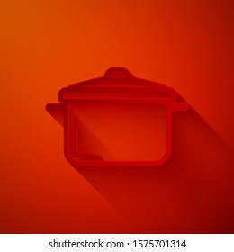 Paper cut Cooking pot icon isolated on red background. Boil or stew food symbol. Paper art style. Vector Illustration