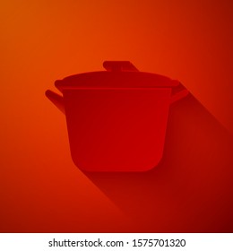 Paper cut Cooking pot icon isolated on red background. Boil or stew food symbol. Paper art style. Vector Illustration