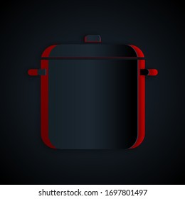 Paper cut Cooking pot icon isolated on black background. Boil or stew food symbol. Paper art style. Vector Illustration