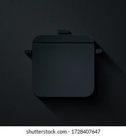 Paper cut Cooking pot icon isolated on black background. Boil or stew food symbol. Paper art style. Vector Illustration