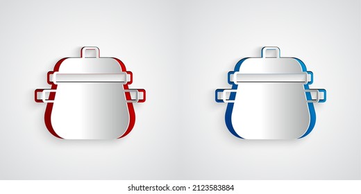 Paper cut Cooking pot icon isolated on grey background. Boil or stew food symbol. Paper art style. Vector