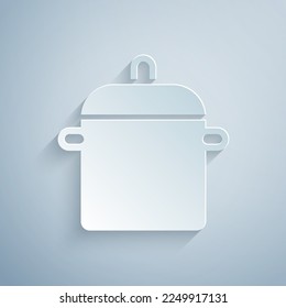 Paper cut Cooking pot icon isolated on grey background. Boil or stew food symbol. Paper art style. Vector