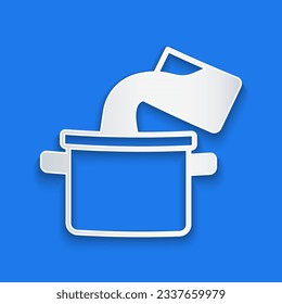 Paper cut Cooking pot icon isolated on blue background. Boil or stew food symbol. Paper art style. Vector