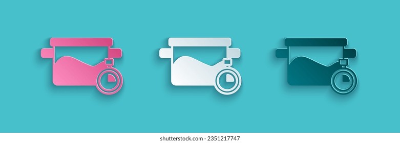 Paper cut Cooking pot icon isolated on blue background. Boil or stew food symbol. Paper art style. Vector