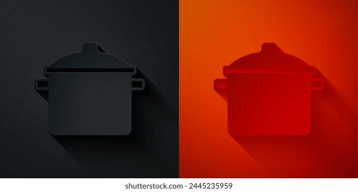 Paper cut Cooking pot icon isolated on black and red background. Boil or stew food symbol. Paper art style. Vector