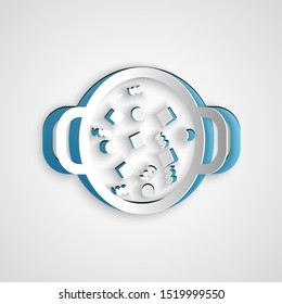 Paper cut Cooking soup in pot icon isolated on grey background. Boil or stew food symbol. Paper art style. Vector Illustration