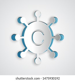 Paper cut Copywriting network icon isolated on grey background. Content networking symbol. Copyright sign. Copywriting network sign. Paper art style. Vector Illustration