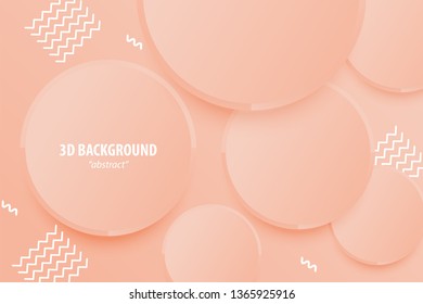 Paper cut coral peach abstract 3d web trendy background. Realistic papercut banner random circle layers. 3d backdrop. Concept material design. Minimalist cover template.