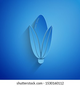 Paper cut Corn icon isolated on blue background. Paper art style. Vector Illustration
