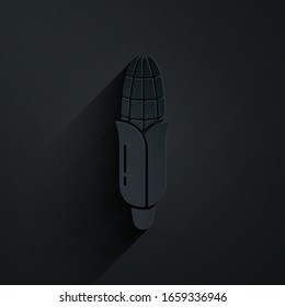 Icono de maíz cortado en papel aislado en fondo negro. Estilo de arte de papel. Ilustración vectorial