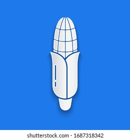Paper cut Corn icon isolated on blue background. Paper art style. Vector Illustration