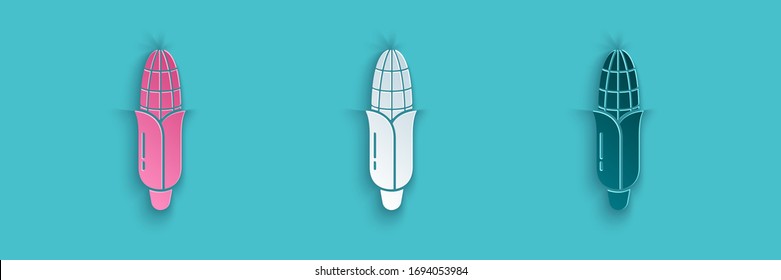 Paper cut Corn icon isolated on blue background. Paper art style. Vector Illustration