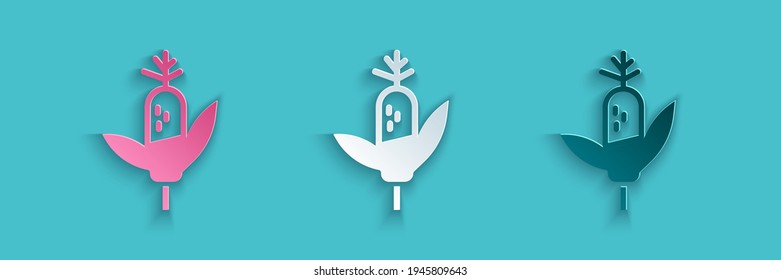 Paper cut Corn icon isolated on blue background. Paper art style. Vector