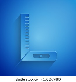 Paper cut Corner ruler icon isolated on blue background. Setsquare, angle ruler, carpentry, measuring utensil, scale. Paper art style. Vector Illustration