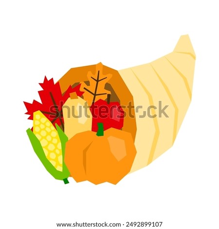 Paper cut cornucopia with autumn vegetables isolated on white background. Icon for Thanksgiving day celebration.