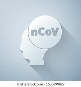 Paper cut Corona virus 2019-nCoV icon isolated on grey background. Bacteria and germs, cell cancer, microbe, fungi. Paper art style. Vector Illustration