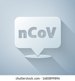 Paper cut Corona virus 2019-nCoV on location icon isolated on grey background. Bacteria and germs, cell cancer, microbe, fungi. Paper art style. Vector Illustration