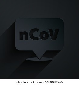Paper cut Corona virus 2019-nCoV on location icon isolated on black background. Bacteria and germs, cell cancer, microbe, fungi. Paper art style. Vector Illustration