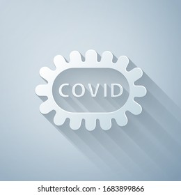 Paper cut Corona virus covid-19 icon isolated on grey background. Bacteria and germs, cell cancer, microbe, fungi. Paper art style. Vector Illustration