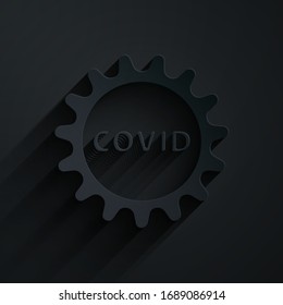 Paper cut Corona virus covid-19 icon isolated on black background. Bacteria and germs, cell cancer, microbe, fungi. Paper art style. Vector Illustration