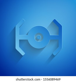 Paper cut Cosmic ship icon isolated on blue background. Paper art style. Vector Illustration