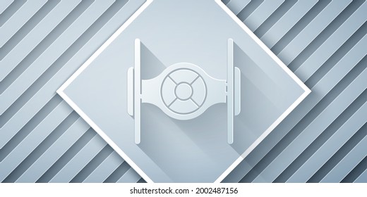 Recorte de papel Icono de nave cósmica aislado en fondo gris. Estilo de arte de papel. Vector