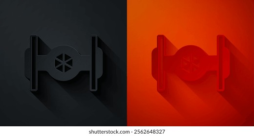 Paper cut Cosmic ship icon isolated on black and red background. Paper art style. Vector