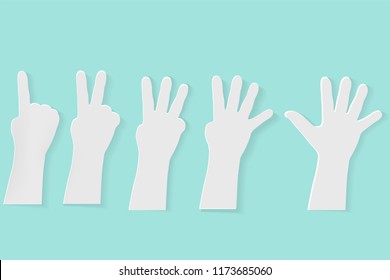 paper cut, counting or voting hand from one to five at blue background