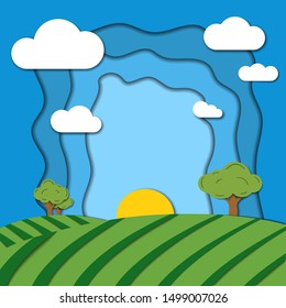 Paper cut Countryside landscape.Vector illustration of farm fields with copyspace for logo. Papercut art style Green meadows. Harvest season. Morning in the country. Design for banner, poster