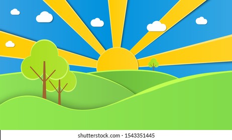 Paper cut Countryside landscape.Vector illustration of farm fields with copyspace for logo. Papercut art style Green meadows. Harvest season. Morning in the country. Design for banner, poster