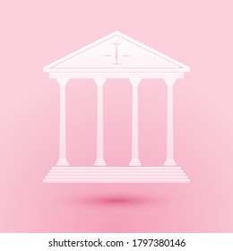 Paper cut Courthouse building icon isolated on pink background. Paper art style. Vector.